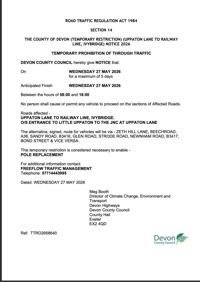 Traffic Shift Notice Example Temporary Traffic Notice- Uppaton Lane to Railway Line, Cornwood ...